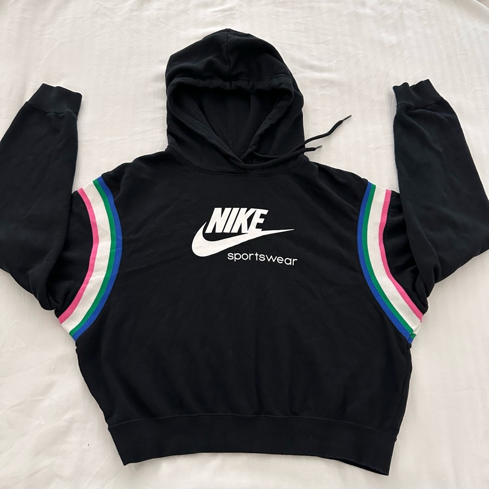 Nike Women’s Pullover Hoodie XS Bold Rainbow Detail Logo Cotton Blend Black